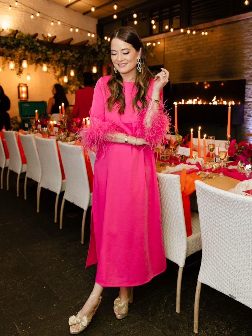 Tuckernuck Hot Pink Midi Jamie Dress with Feathered Cuffs